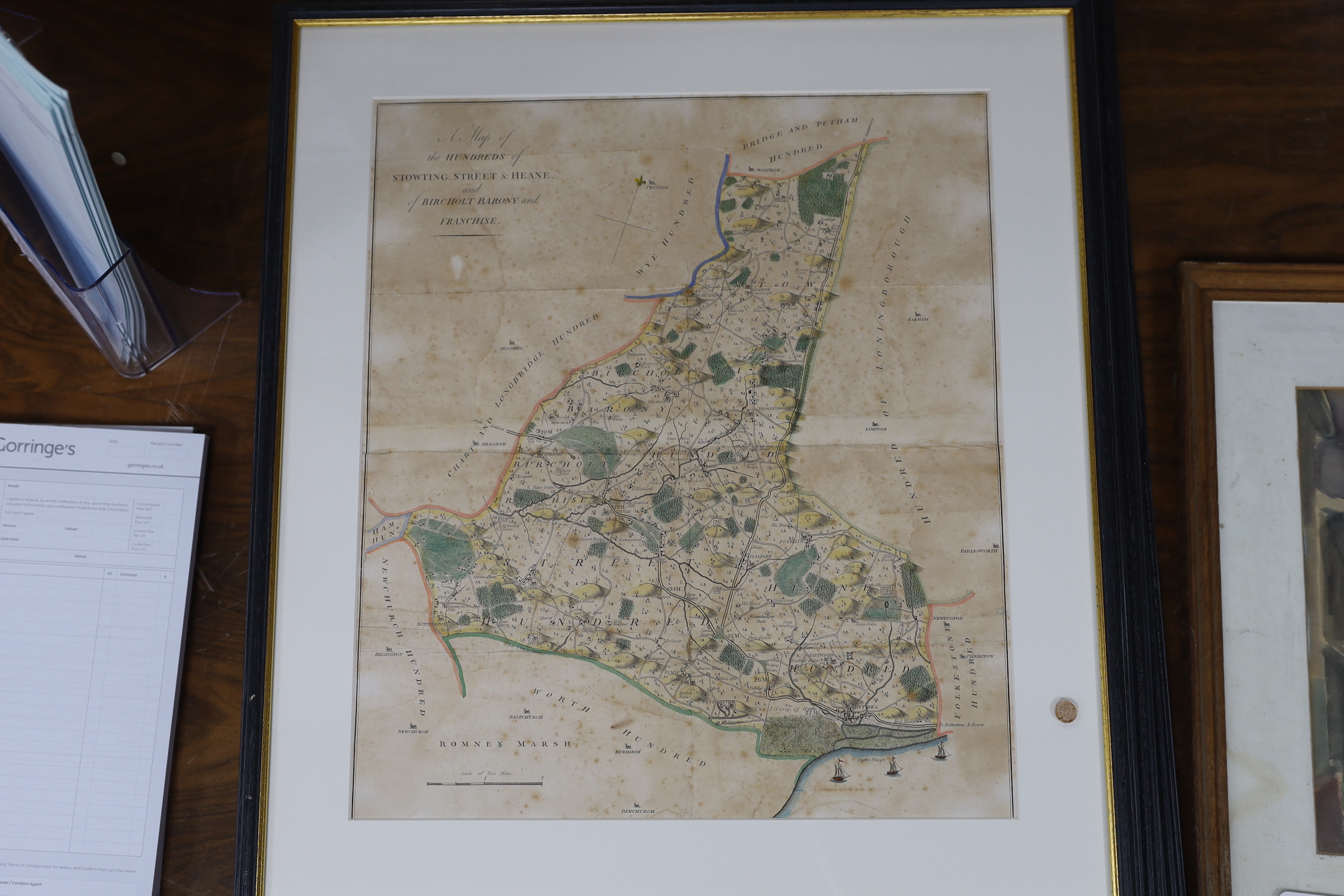 Four 18th / 19th century Map’s of the Hundreds including ‘Loningborough & Folkestone’ together with ‘The Road from London to Dover’, by John Ogilby (1600-1676), largest 50 x 39cm